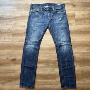 Diesel Thavar Jeans Men 34x32 Blue Slim Skinny Dark Wash Whiskered Ripped 0RM80